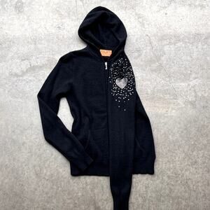 Vintage Y2K Juicy Couture Cashmere Hoodie Zip Up Crystal Heart Made in USA Sz Sm
